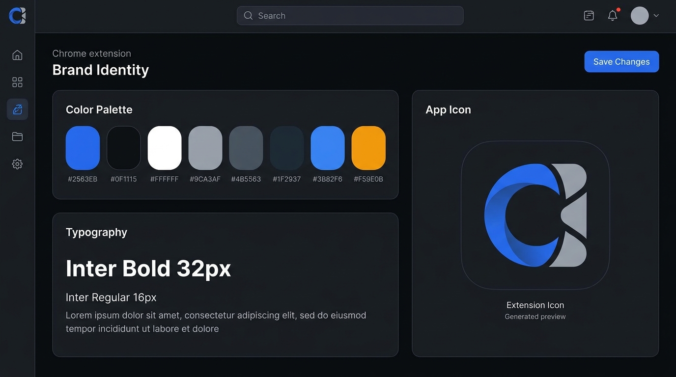 Extino brand identity screen showing a color palette, typography, and a generated app icon
